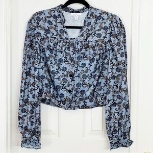 Topshop Floral Ruffle Blouse Long Sleeve Crop Top Size 10 Blue Button Down